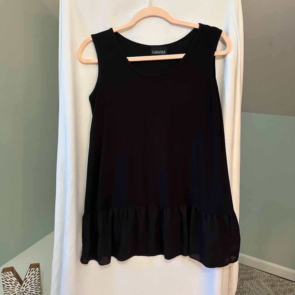 LASANIA Black Sleeveless Women's Top with ruffles on bottom Size Large
